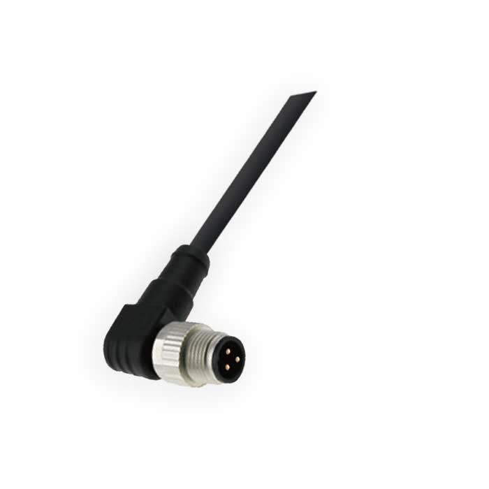 M12 3Pin、公头90°、单端预铸PUR柔性电缆、带屏蔽、黑色护套、64S505-XXX