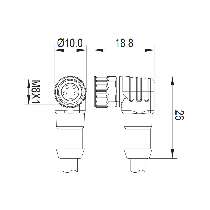 M8 4Pin、母头90°、带LED灯、单端预铸PVC非柔性电缆、灰色护套、63S163-XXX