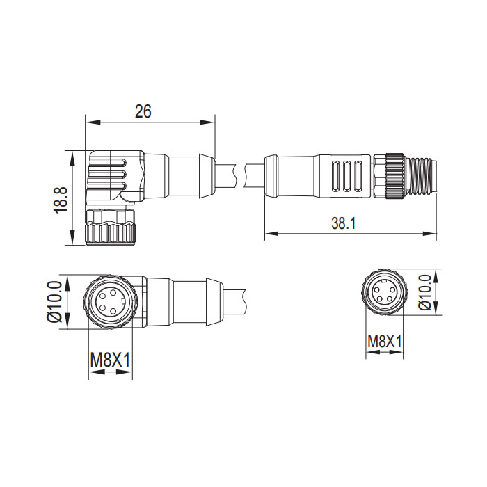 M8 4Pin 母头90°带LED灯转公头直型、双端预铸PVC非柔性电缆、灰色护套、63D183-XXX