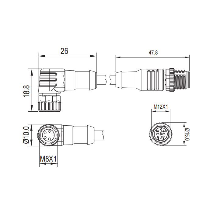 M8转M12 4Pin M8母头90°带LED灯转M12公头直型、双端预铸PVC非柔性电缆、灰色护套、63D303-XXX