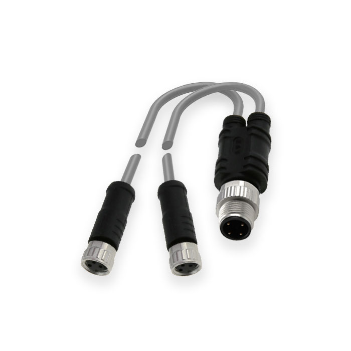 M12 4Pin male/2M8 3Pin female、Y-shaped precast PVC non-flexible cable、Gray sheath、64D423-XXX