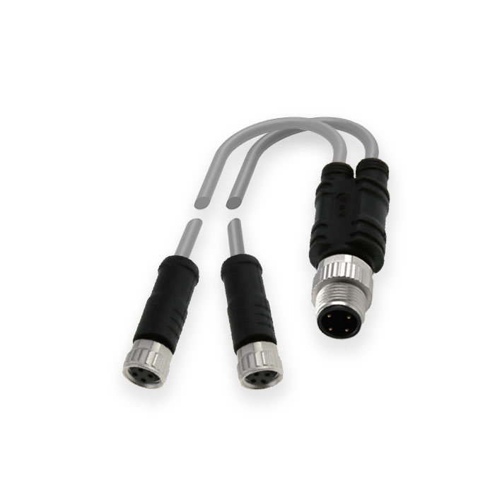 M12 4Pin male/2M8 4Pin female、Y-shaped precast PVC non-flexible cable、Gray sheath、64D427-XXX