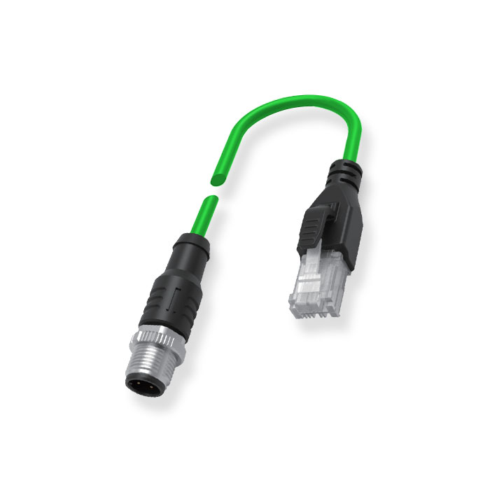 M12 4Pin male (D-coded)/RJ45 male、Double ended pre cast PVC shield non flexible cable、EtherCat network cable、Green sheath、0C3181-xxx
