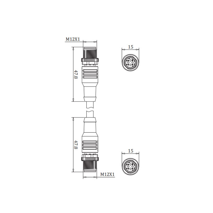 M12 4Pin 公头直型转公头直型、D-coded、双端预铸PVC非柔性电缆、带屏蔽、绿色护套、0C3141-XXX