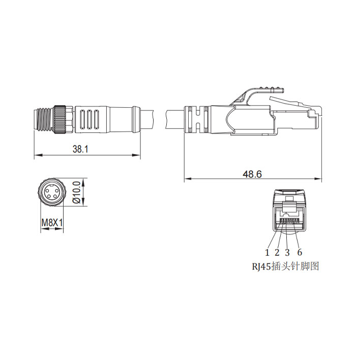 M8 4Pin 公头直型转RJ45公头直型、双端预铸PUR柔性电缆、带屏蔽、绿色护套、0C3021-XXX