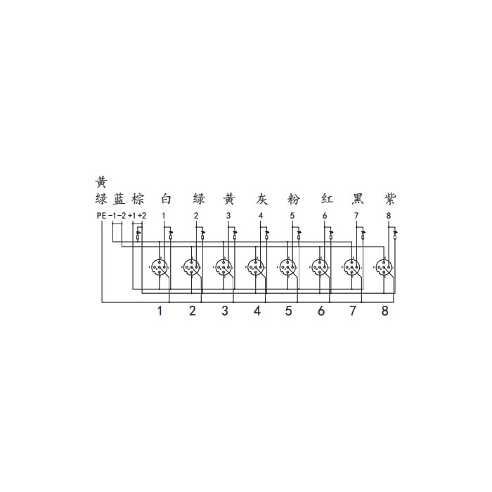M12分线盒、单通道、NPN、8端口分体式、带LED、PCB端子、24N80E