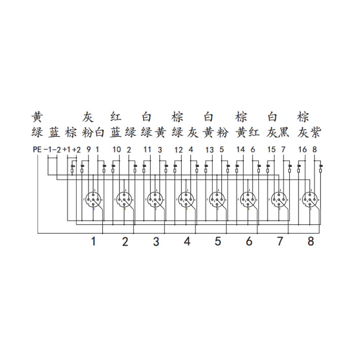 M12分线盒、双通道、NPN、8端口分体式、带LED、PCB端子、24N80N