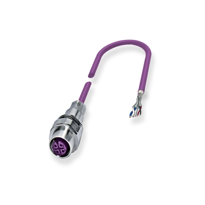 M12 5Pin 、Profibus法兰插座、B-coded、单端预铸PUR柔性电缆、紫色护套、0C4081-xxx