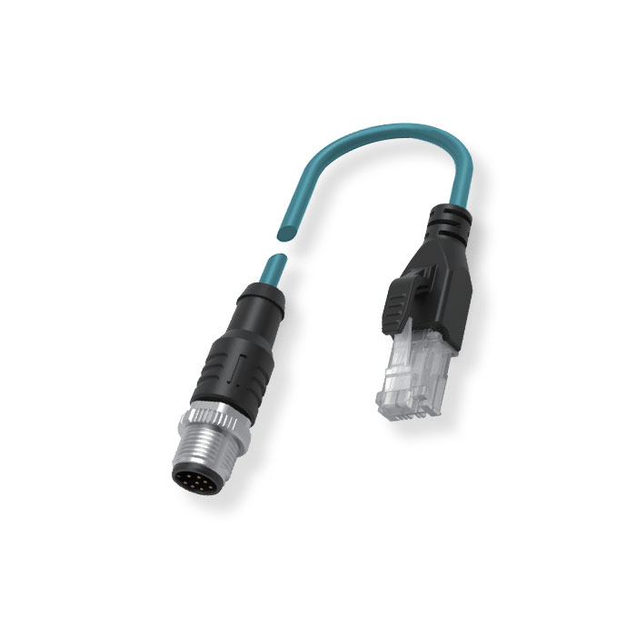 M12 8Pin straight male（ X-coded）/RJ45 male、Double ended pre cast PVC non flexible cable、With shielding、Blue sheath、Ethernet Cat.6a 10Gbps、0CF463-XXX
