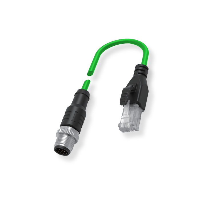 M12 8Pin straight male（ X-coded）/RJ45 male、Dual end pre cast TPE flexible cable、With shielding、Green  sheath、Ethernet Cat.6a 10Gbps、0CF461-XXX