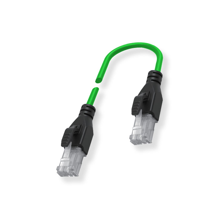 RJ45 male/RJ45 male、Dual end pre cast TPE flexible cable、With shielding、Green sheath、Ethernet Cat.6a 10Gbps、0C4481-XXX