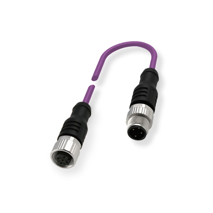 M12 4Pin male/female、Dual end pre cast PUR flexible cable、With shielding、Purple sheath、0C4A41-XXX