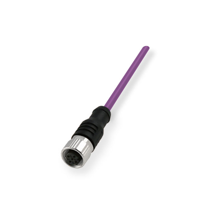 M12 4Pin，母头直型、单端预铸PUR柔性电缆、带屏蔽、紫色护套、0C4A01-XXX