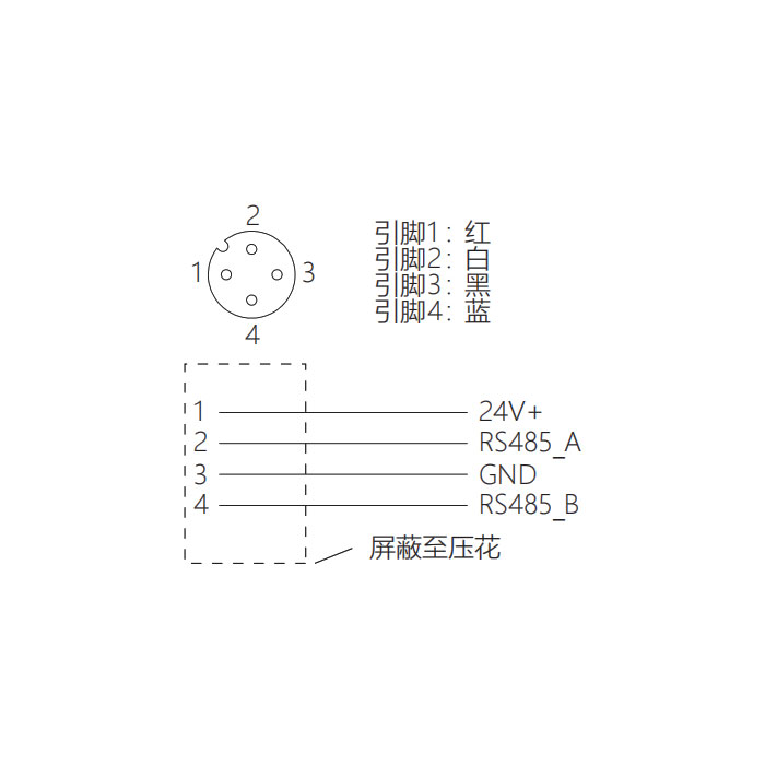 M12 4Pin，母头直型、单端预铸PUR柔性电缆、带屏蔽、紫色护套、0C4A01-XXX