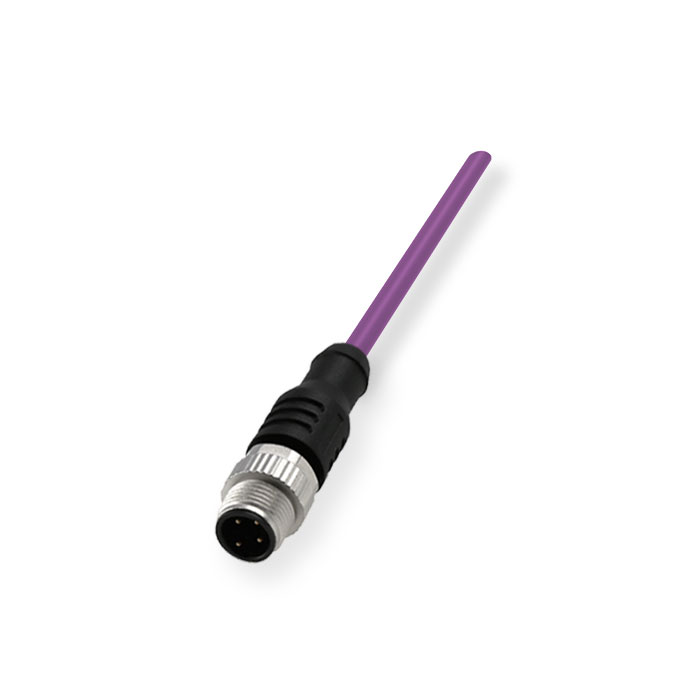 M12 4Pin，公头直型、单端预铸PUR柔性电缆、带屏蔽、紫色护套、0C4A21-XXX