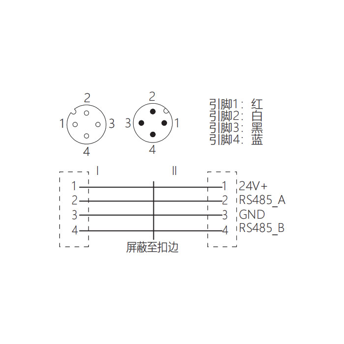 M12 4Pin 母头直型转公头直型、双端预铸PUR柔性电缆、带屏蔽、紫色护套、0C4A41-XXX