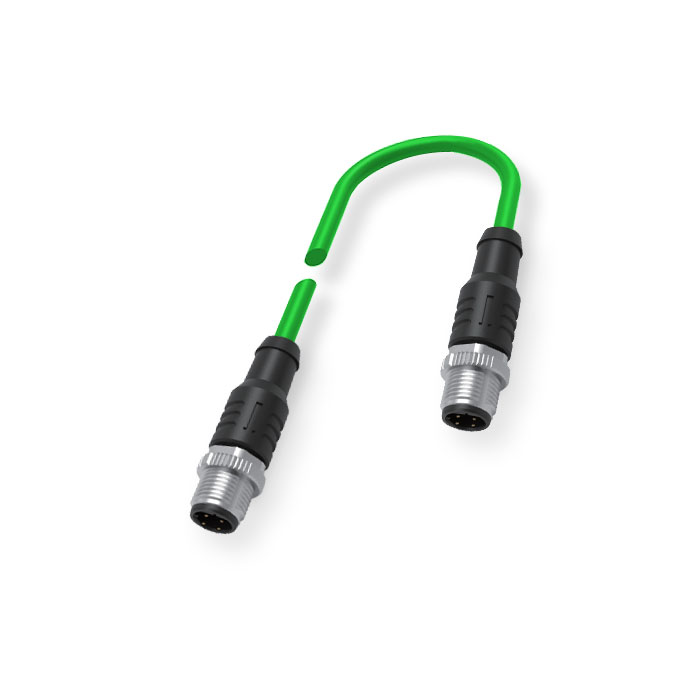 M12 4Pin 公头直型转公头直型、D-coded、双端预铸PVC非柔性电缆、带屏蔽、绿色护套、0C4121-XXX