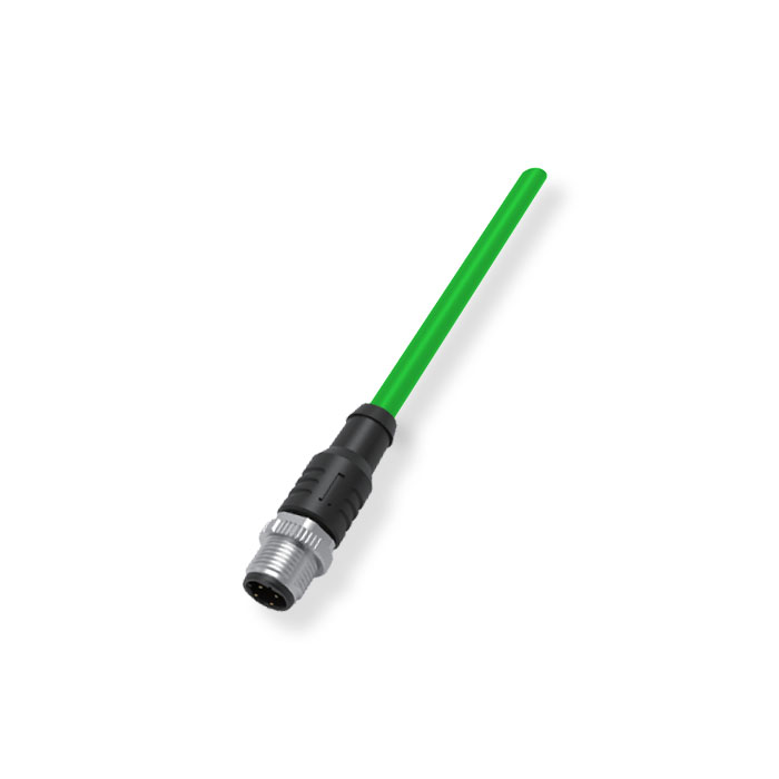 M12 4Pin，公头直型、D-coded、单端预铸PUR柔性电缆、带屏蔽、绿色护套、0C4501-XXX