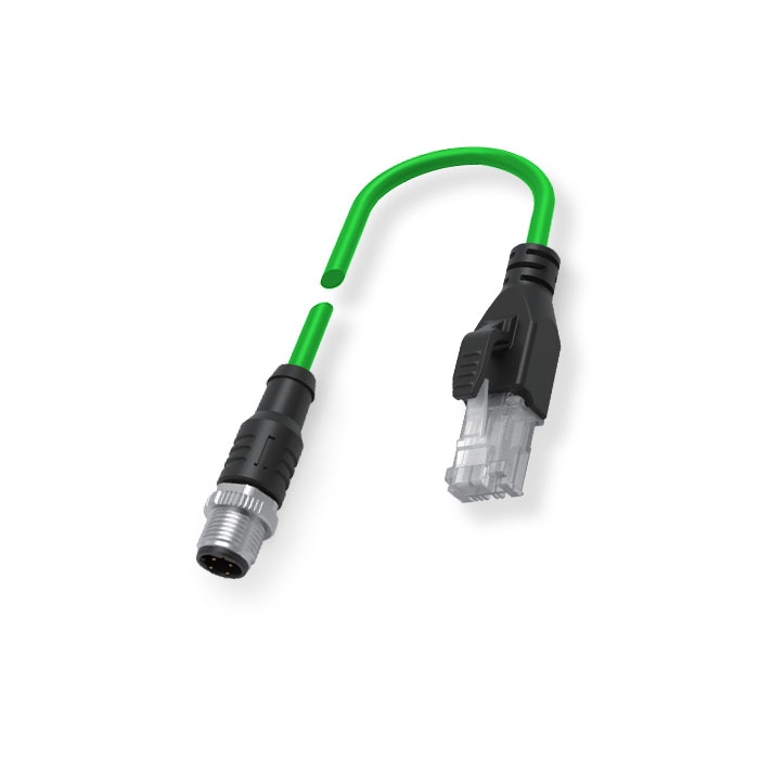 M12 4Pin male (D-coded)/RJ45、Dual end pre cast  PUR flexible cable、With shielding 、Green sheath、0C4141-XXX 
