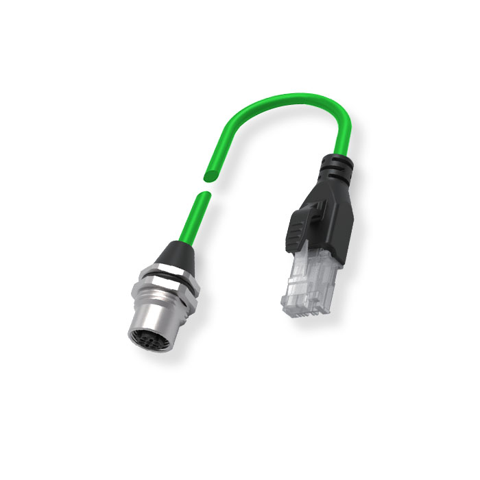 M12 4Pin  flange male (D-coded)/RJ45、Dual end pre cast  PVC non flexible cable、With shielding 、Green sheath、0C4221-XXX