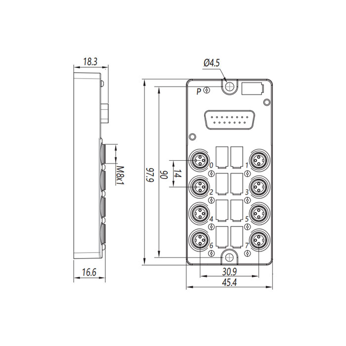 M8分线盒、单通道、PNP、8端口分体式、带LED、D-SUB接口基座、23P8T1