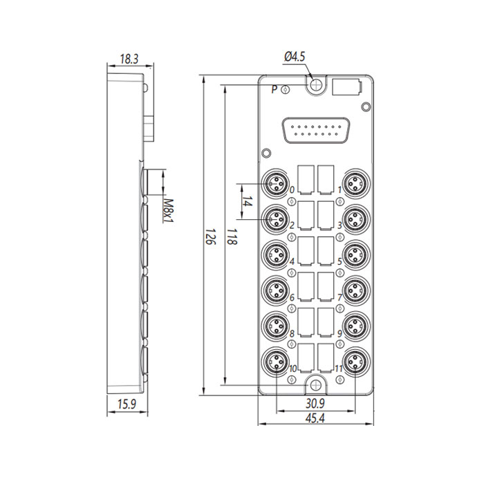 M8分线盒、单通道、PNP、12端口分体式、带LED、D-SUB接口基座、23PCT1