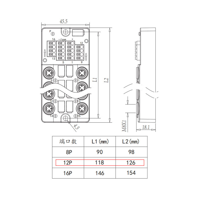 M8分线盒、单通道、NPN、12端口分体式、带LED 、带顶盖和电缆 、23NT12