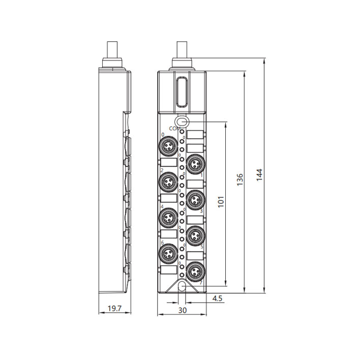 M8分线盒、单通道、PNP、8端口一体式、带LED、PVC非柔性电缆、灰色护套、23P821-XXX