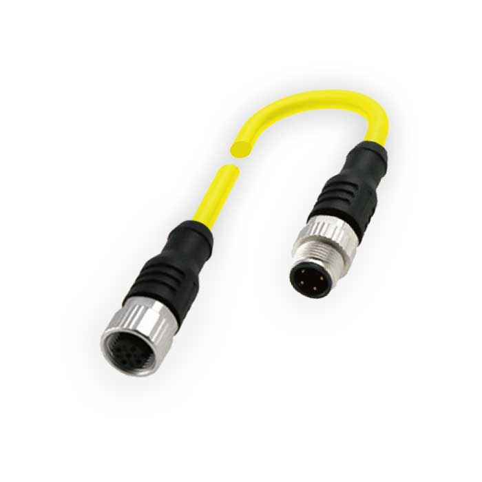 M12 4Pin 母头直型转公头直型、双端预铸PUR柔性电缆、黄色护套、64T101-XXX