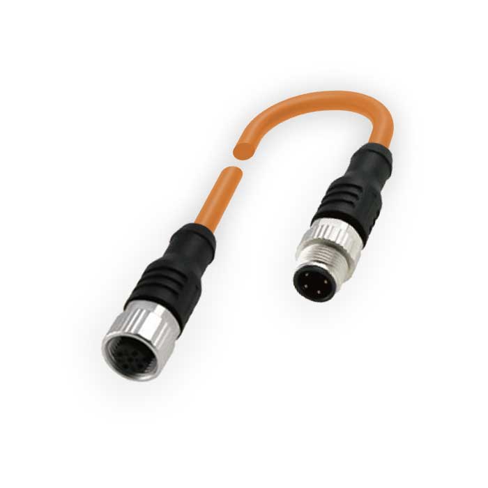 M12 4Pin 母头直型转公头直型、双端预铸PUR柔性电缆、橙色护套、64T103-XXX