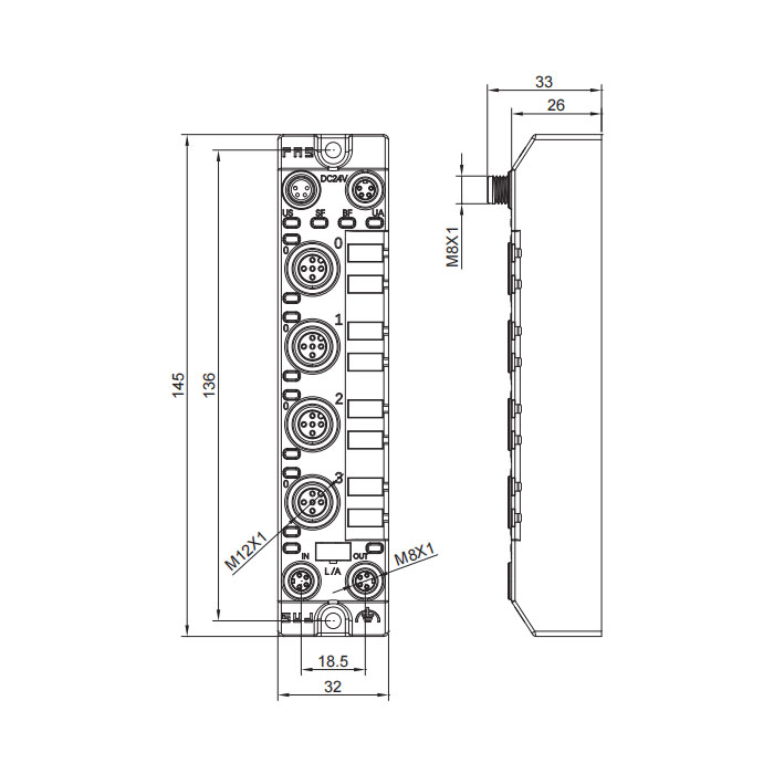 M12 interface, Multi-protocol fieldbus module, 8 DI, PNP, 007CA1