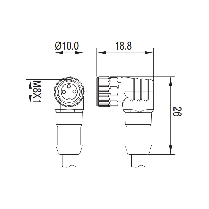 M8 3Pin、母头90°、单端预铸PUR柔性电缆、黑色护套、63S061-XXX