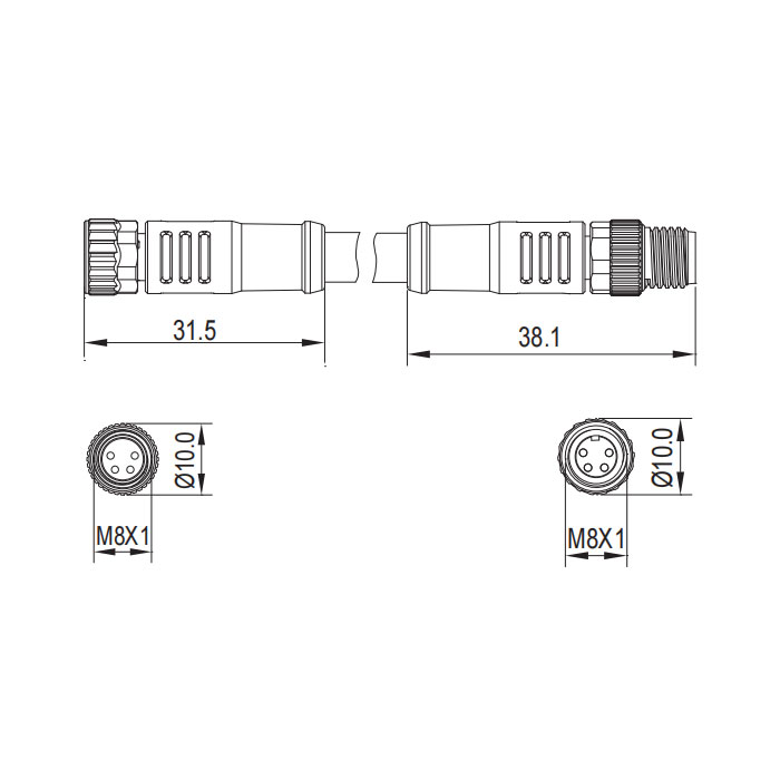 M8 4Pin 母头直型转公头直型、双端预铸PUR柔性电缆、黑色护套、63D121-XXX