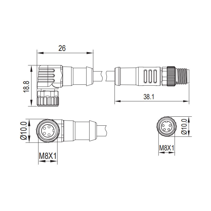 M8 4Pin、母头90°转公头直型、双端预铸PUR柔性电缆、带屏蔽、黑色护套、63D165-XXX