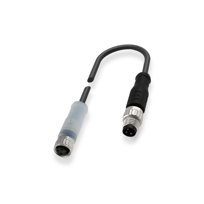 M8 3Pin 母头直型带LED灯转公头直型、双端预铸PUR柔性电缆、黑色护套、63D021-XXX