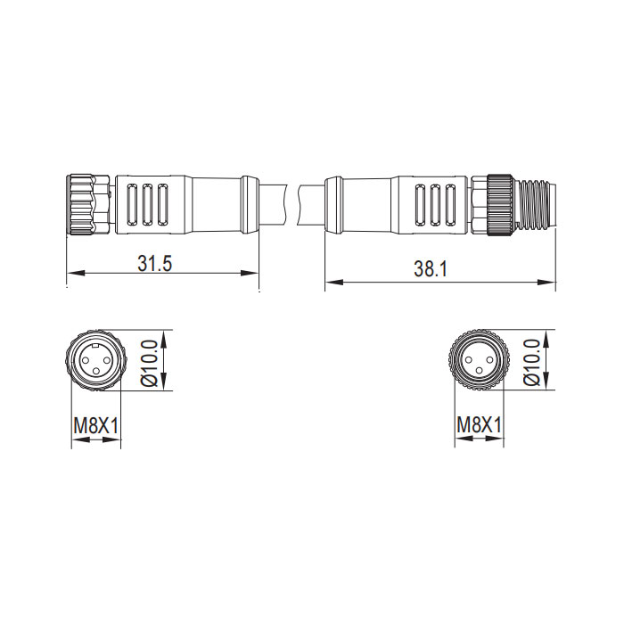 M8 3Pin、母头直型转公头直型、双端预铸PUR柔性电缆、黑色护套、63D001-XXX