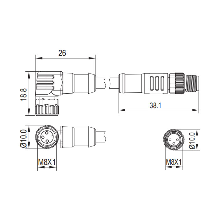 M8 3Pin 母头90°带LED灯转公头直型、双端预铸PVC非柔性电缆、灰色护套、63D083-XXX 