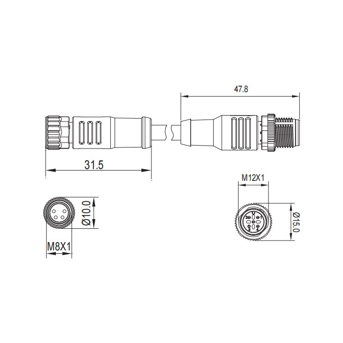 M8转M12 4Pin M8母头直型转M12公头直型、双端预铸PUR柔性电缆、黑色护套、63D261-XXX 