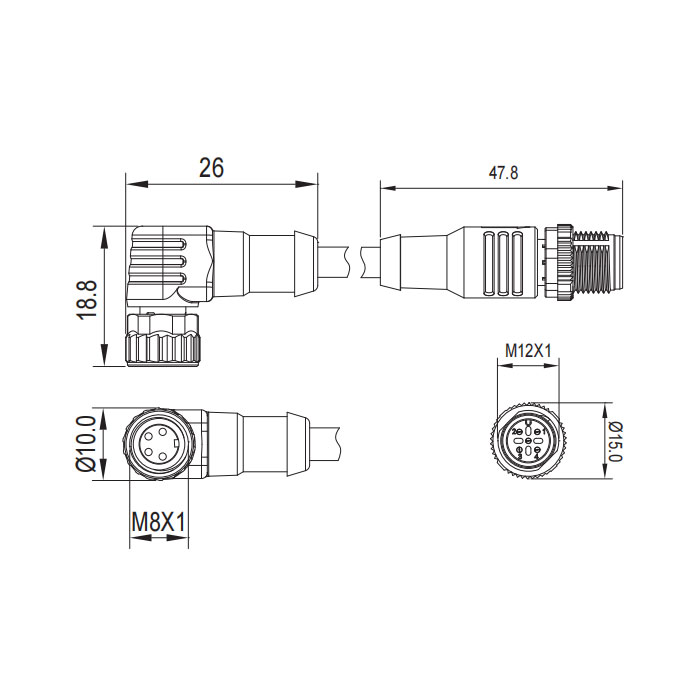 M8转M12 4Pin M8母头90°转M12公头直型、双端预铸PVC非柔性电缆、灰色护套、63D283-XXX