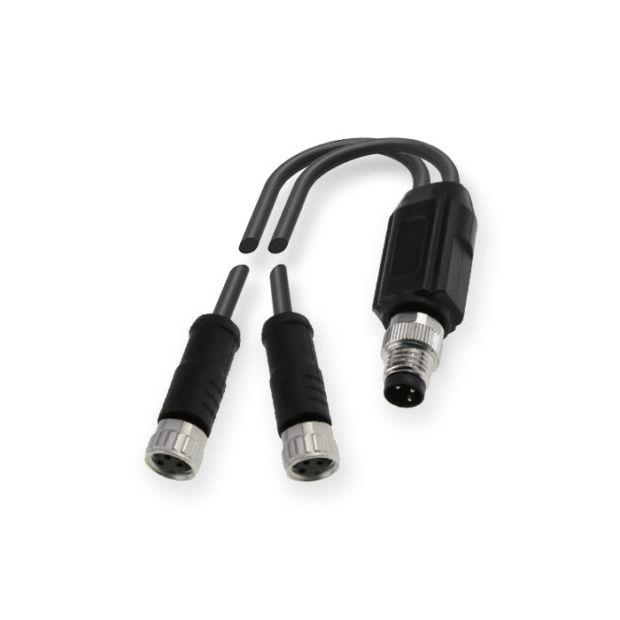 M8 3Pin male/2M8 3Pin female、Y-plug、Pre cast PVC non flexible cables、Grey sheathed、63D343-XXX