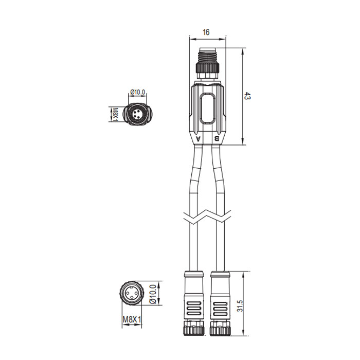 M8 4Pin male/2M8 3Pin female、Y-plug、 Pre cast PUR drag chain cable、Black sheathed 、63D321-XXX