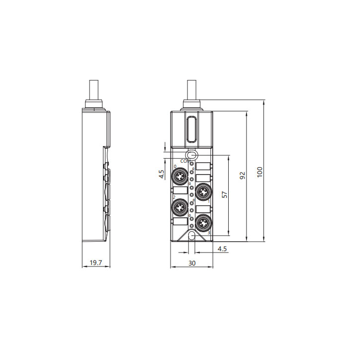 M8 Junction box、Dual channel、NPN、4-port integrated、With LED、PVC non-flexible cable、Gray sheath、23N461