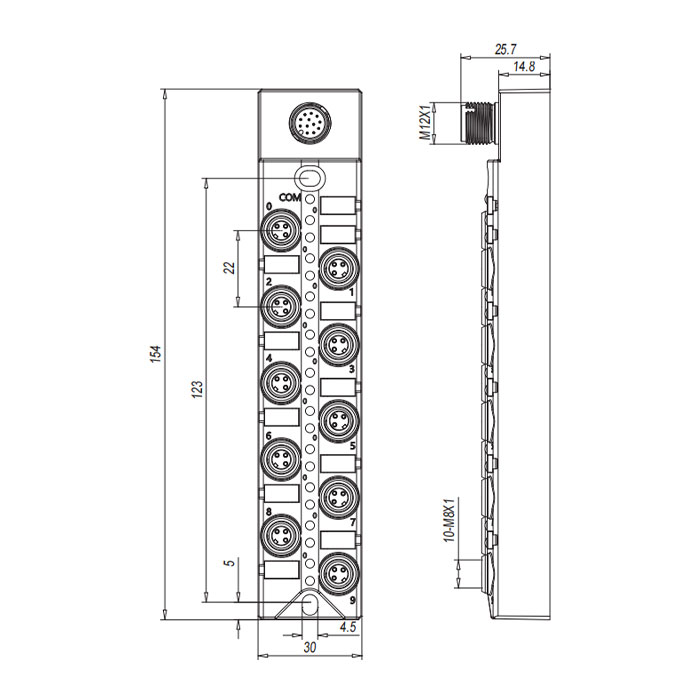 M8 Junction box、Single channel、PNP、10-port split type、With LED、M12 integrated interface base、23PAS1