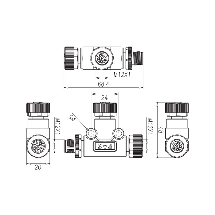 M12 5Pin、母头 转 M12公头+M12母头、L-coded、T型连接器、64L555