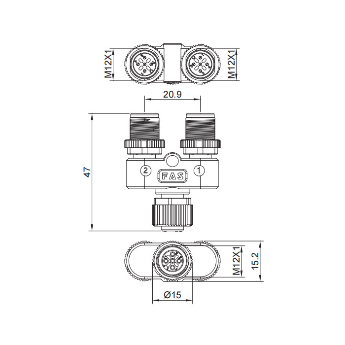 M12 5Pin母头/2M12 5Pin公头、三通接头、644446_富延升