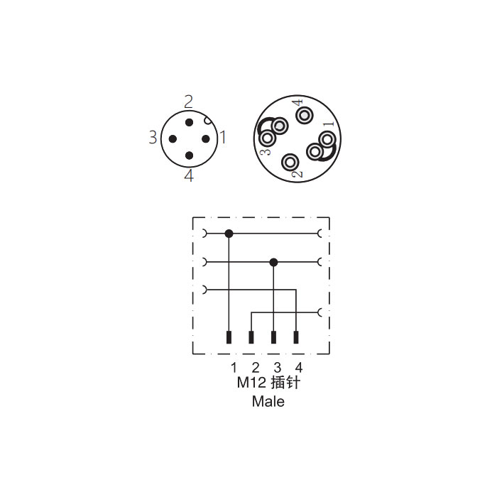 M12 4Pin、公头直型 转 两个自由端、直插式连接、Y型分线器、64FY21 