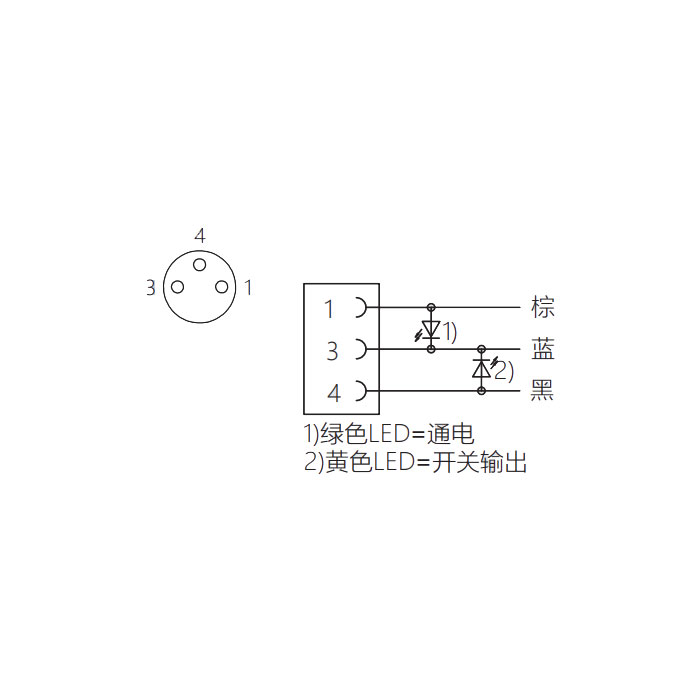 M8 3Pin、母头直型、带LED灯、单端预铸PVC非柔性电缆、灰色护套、63S043-XXX