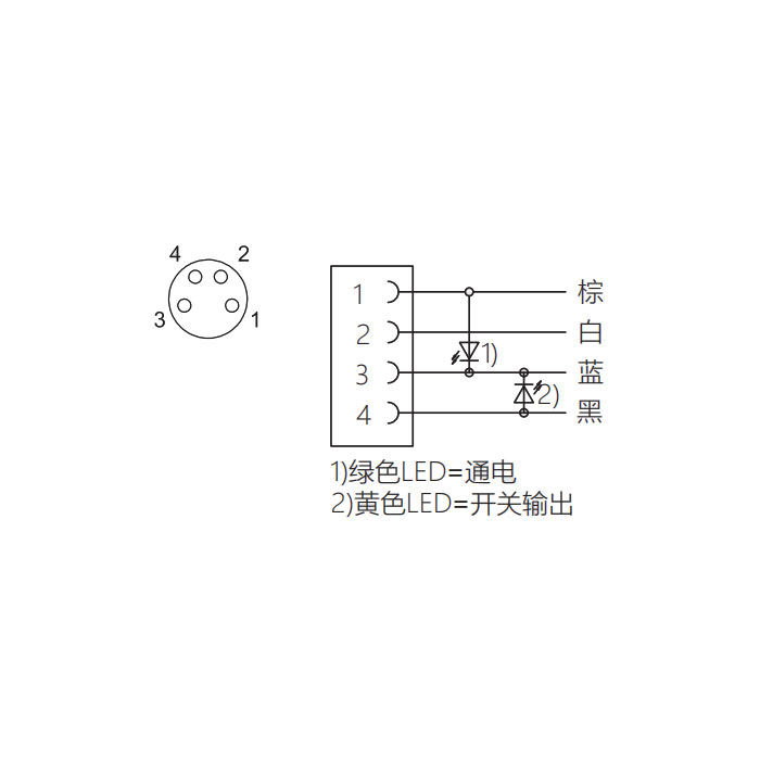 M8 4Pin，母头90°、带LED灯、单端预铸PUR柔性电缆、黑色护套、63S161-XXX