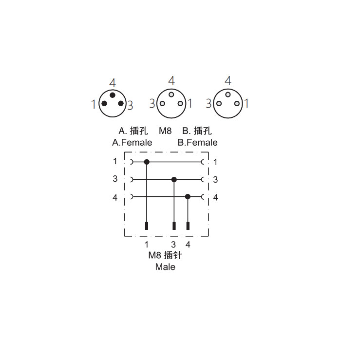 M8 3Pin male/2M8 3Pin female、Y-plug、 Pre cast PUR drag chain cable、Black sheathed 、63D341-XXX