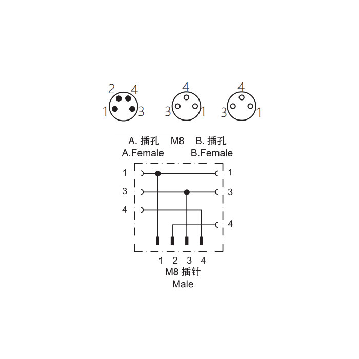 M8 4Pin 公头/2M8 3Pin 母头、Y型预铸PVC非柔性电缆、灰色护套、63D323-XXX